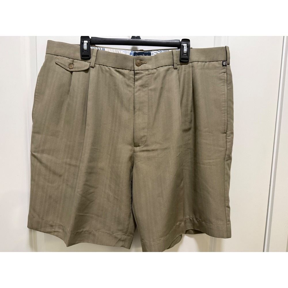 Ocean Pacific Mens Khaki Herringbone Pleated Shorts Tan Rayon Blend Size 42